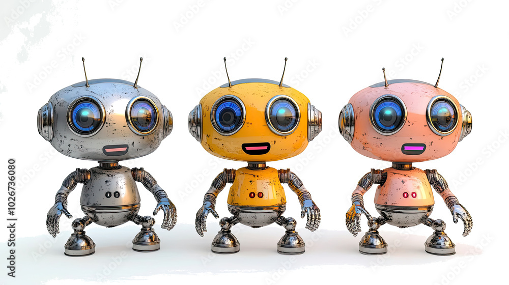 Poster three friendly robots engaging in conversation in a bright setting generative ai