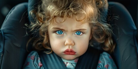 Fototapeta premium A little girl with bright blue eyes stares intently at the camera. AI.