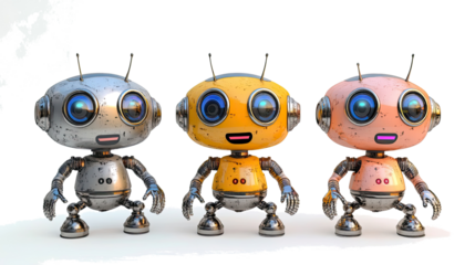 Three Friendly Robots Engaging in Conversation in a Bright Setting Generative AI