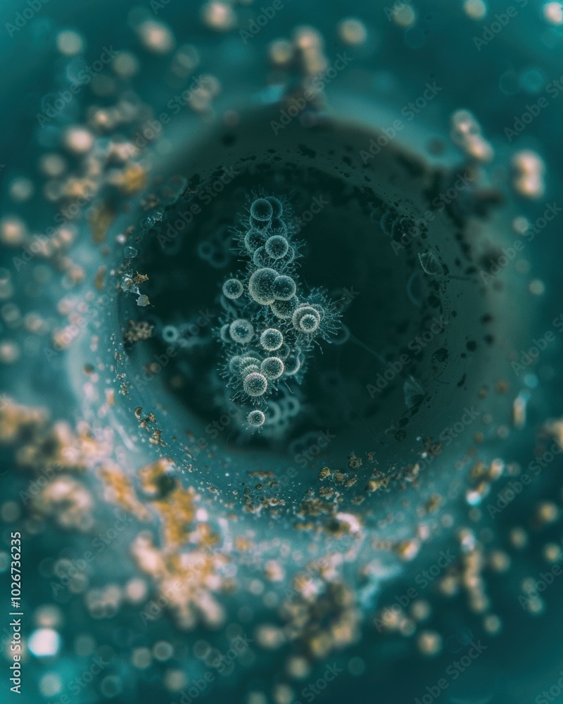 Poster a close-up view of a cluster of small, translucent orbs within a dark, textured surface. ai.
