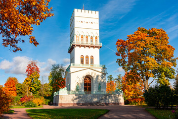 White tower in Alexander park in autumn, Pushkin (Tsarskoe Selo), Saint Petersburg, Russia