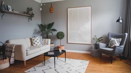 Fototapeta premium A stylish boho Scandinavian living room featuring a beige sofa, black coffee table, and large artwork on a grey wall. 