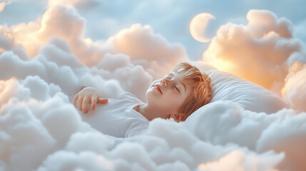 Young boy peacefully sleeping on a bed of clouds.
