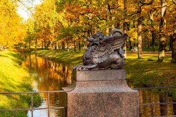 Dragon (Drakonov) bridge in Alexander park in autumn, Pushkin (Tsarskoe Selo), St. Petersburg,...