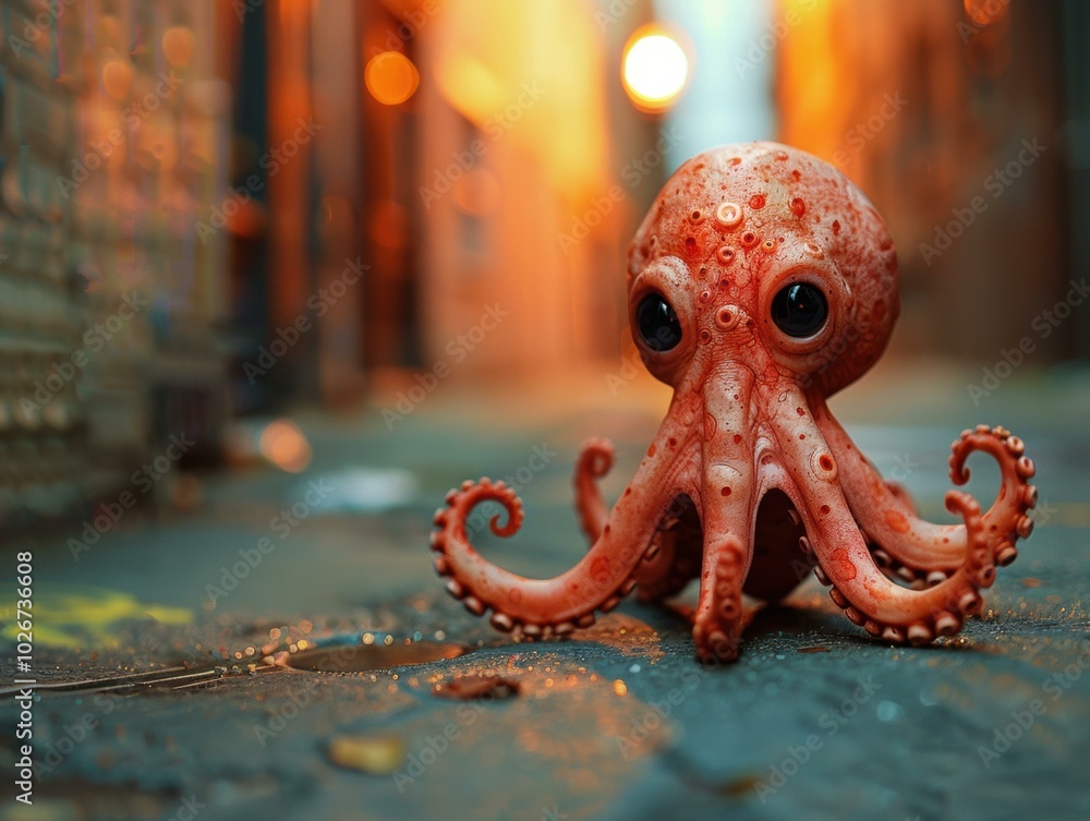 Canvas Prints A small octopus with large eyes sits on a sidewalk. AI.