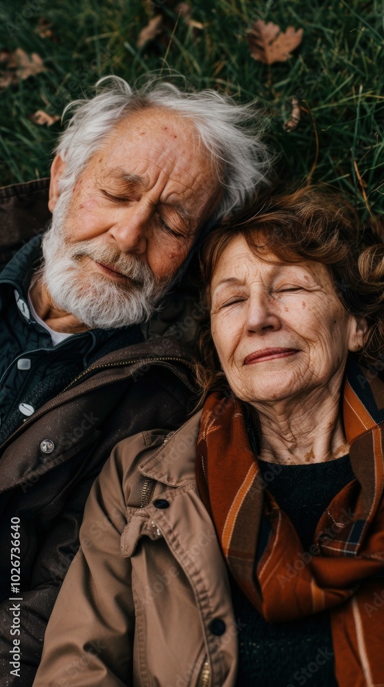 Poster A senior couple peacefully sleeping in the grass. AI.