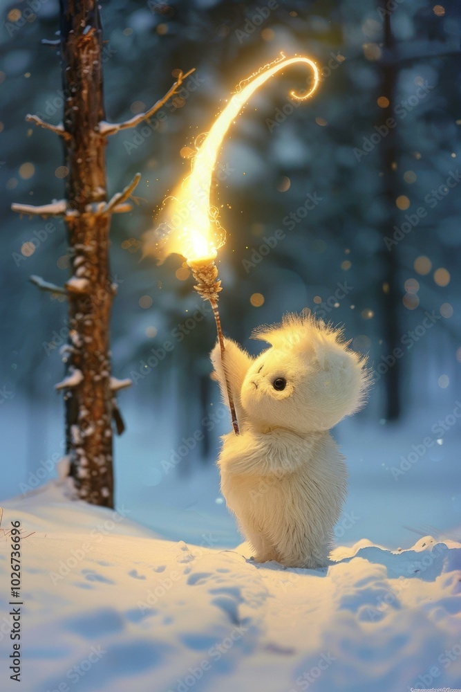 Canvas Prints A fluffy creature holds a glowing stick in a snowy forest. AI.