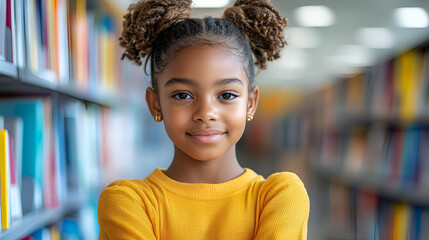 Naklejka premium Young girl with stylish hair poses confidently in a library filled with colorful books during daytime