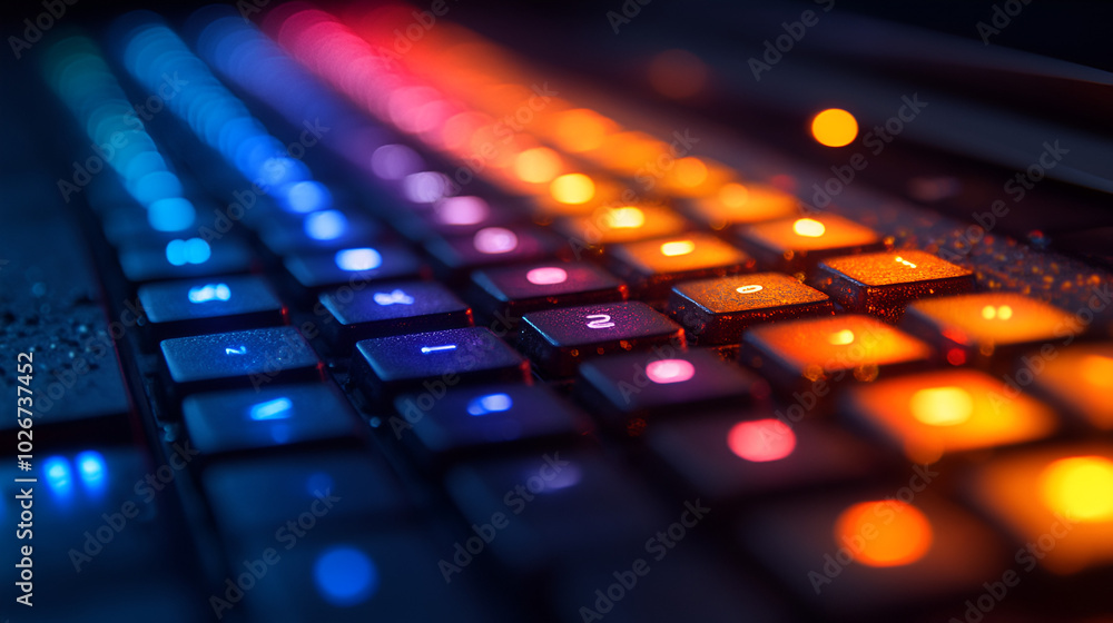 Poster a vibrant close-up of a computer keyboard featuring illuminated keys in various colors during nightt