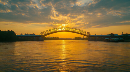 Obraz premium Stunning Sunset Over Tranquil River with Silhouette of Arch Bridge and Vibrant Yellow Sky
