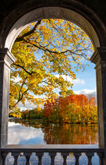 Grand pond of Catherine park in autumn seen from Marble bridge, Tsarskoe Selo (Pushkin), Saint...