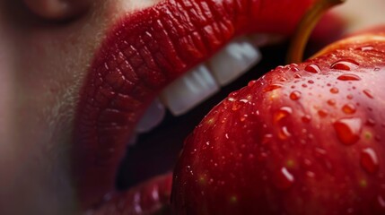 Close-up of teeth biting into a crisp apple.
