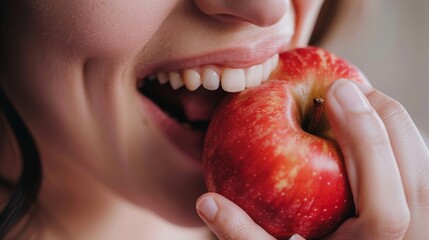 Detailed view of a woman sinking her teeth into a red apple.
