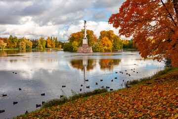 Chesme column on island of Grand pond in autumn in Catherine park, Pushkin (Tsarskoe Selo), Saint...