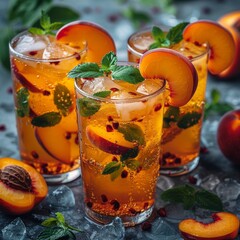 Fototapeta premium A cold, flavorful peach tea in tall glasses, displayed on a turquoise slate or concrete background.