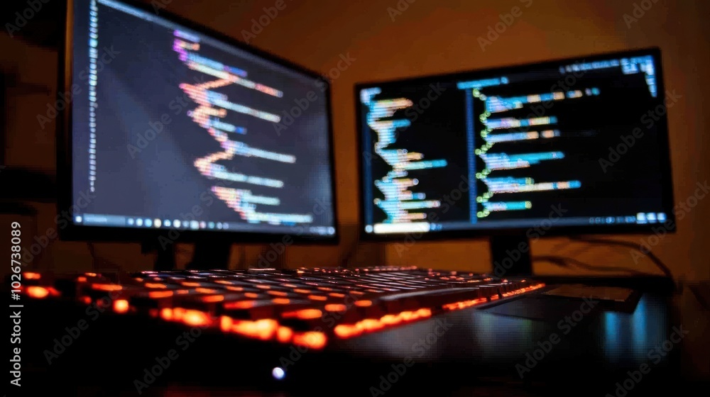 Poster Illuminated Keyboard in Front of Computer Monitors with Code Displayed