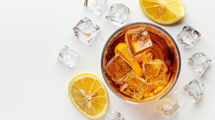 A glass of refreshing lemon iced tea, isolated on a white background, seen from the top.
