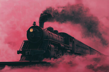 Fototapeta premium Steam Locomotive in 2D: A Departure of Coal Black on Smoky Gray