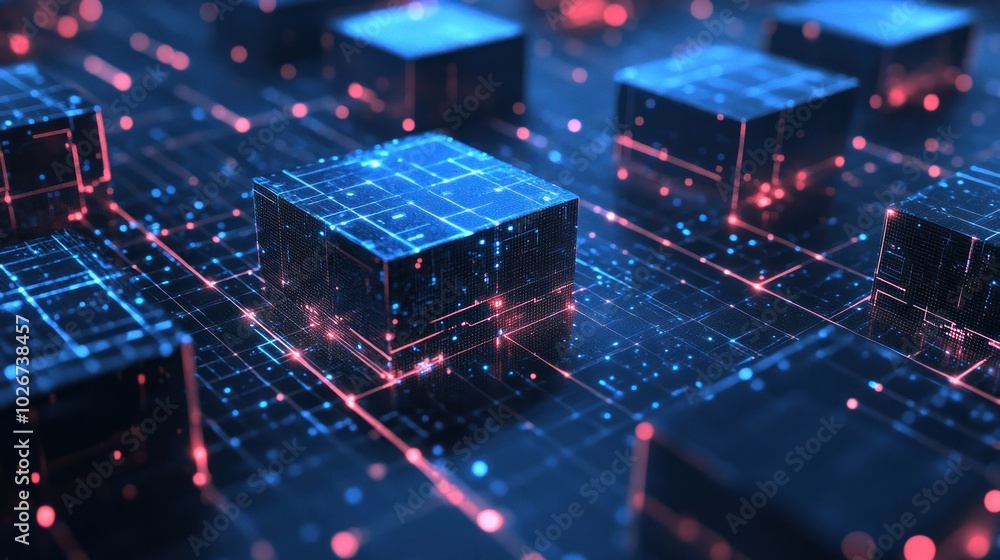 Poster abstract digital cubes connected by glowing lines