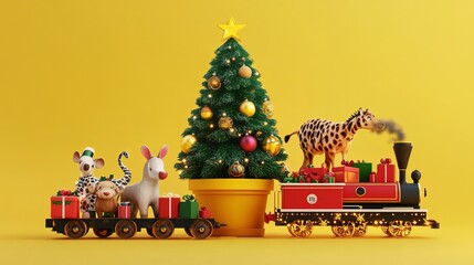 Obraz premium Festive Christmas scene with a 3D Christmas tree in a pot and a toy train carrying presents and animals on a yellow background.