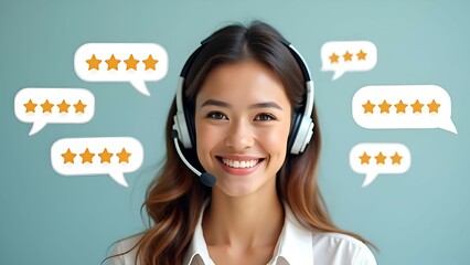 A smiling customer service representative with headsets, surrounded by positive feedback icons and star ratings.