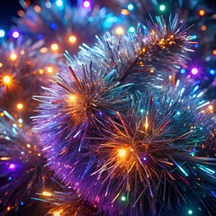 Fototapeta premium Metallic tinsel texture with shimmering multicolored strands creating a vibrant festive atmosphere