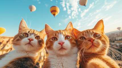Three orange tabby cats look up at hot air balloons in the sky. Cappadocia landscape