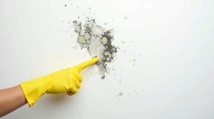 a white wall with visible mold growth beginning to form. A human hand, wearing a rubber glove, is pointing a finger directl	
