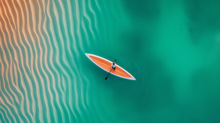 Obraz premium A lone paddleboarder glides through turquoise waters with a sandy bottom.