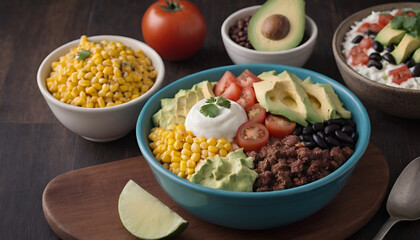 burrito bowl with ground beef, tomato, avocado, corn, black beans and sour cream