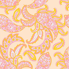 Paisley vector seamless design featuring stunning flowers and leaves in a batik-inspired style. Vintage backdrop
