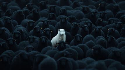 Obraz premium One white sheep stands out amongst a crowd of black sheep.