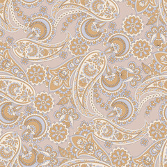 Digital vector textile print. Seamless Design suitable for covers, fabrics, textiles, wrapping paper, featuring an antique Thai pattern Paisley Indian motifs and decorative floral elements