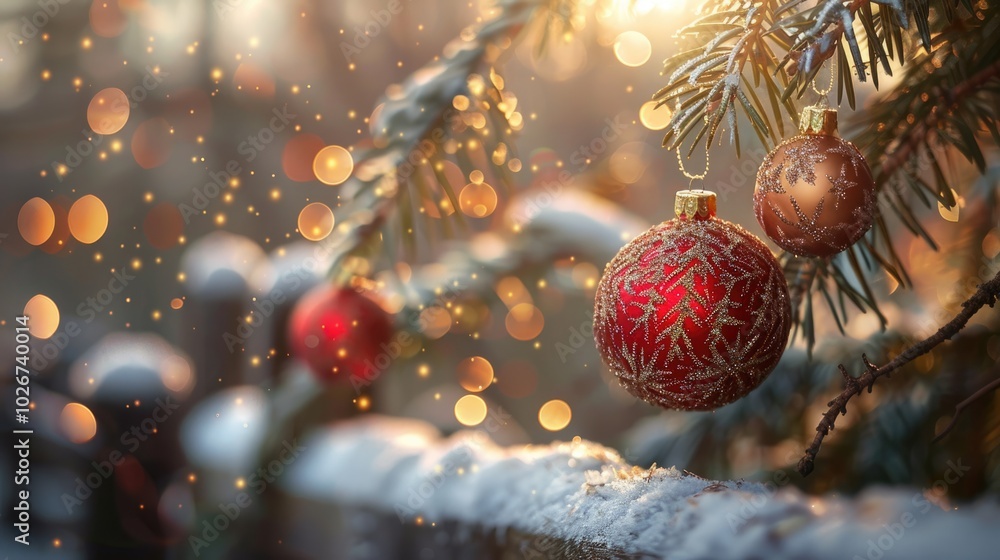 Wall mural celebration of christmas eve of decorated ball on christmas tree in front of wood fence on winter sn