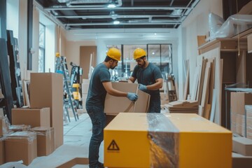 Two workers handling cardboard boxes in construction site