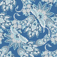 Digital vector textile print. Seamless Design suitable for covers, fabrics, textiles, wrapping paper, featuring an antique Thai pattern Paisley Indian motifs and decorative floral elements
