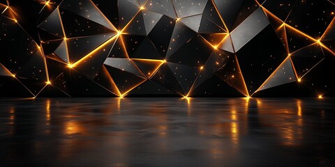 Fototapeta premium Luxurious black and gold background featuring geometric shapes like cubes, diamonds, and triangles. A high-end, elegant design with an empty table in the center, perfect for showcasing products