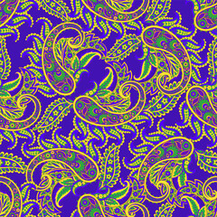 Turkish Cucumber Paisley seamless vector pattern in traditional Oriental style. Decorated with flowers, leaves, and fantasy elements, for fabric, textile and wallpaper covers