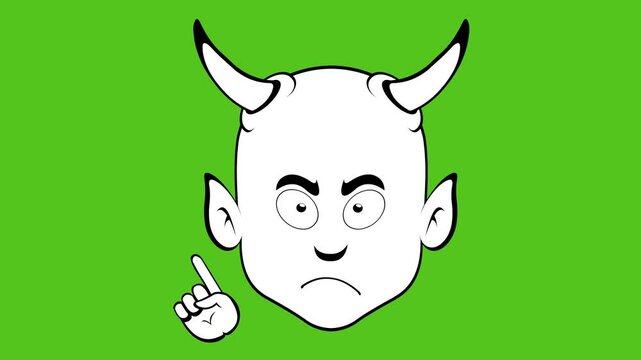 video drawing animation emoji face demon character cartoon illustration, saying no with a hand gesture, sketch drawn in black and white color. On a green chroma key background