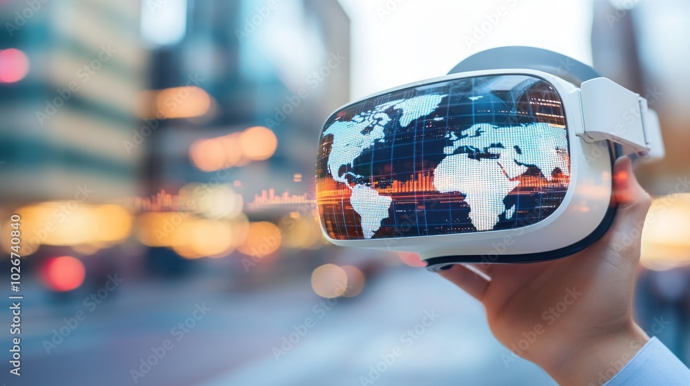 Poster a hand holding virtual reality headset with world map display