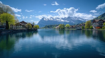 Fototapeta premium Bright spring day in Switzerland showcasing clear blue skies, lush trees, and majestic mountains mirrored in the tranquil lake waters. Generative AI