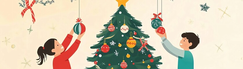A festive illustration of two people decorating a Christmas tree with colorful ornaments, celebrating the holiday season in a joyful atmosphere.