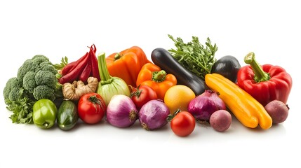 Fresh Vegetables and Fruit Assortment on White Background