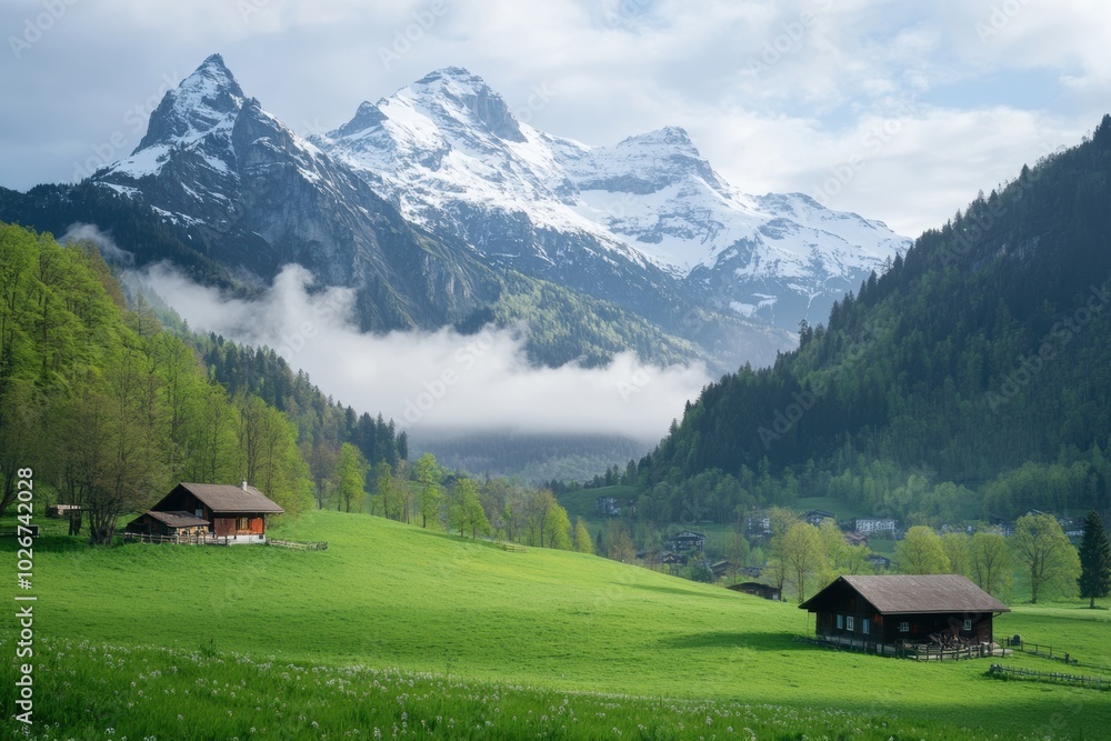 Aufkleber experience the tranquility of spring in the swiss alps as green fields contrast with majestic mounta