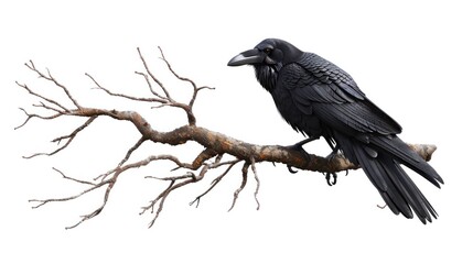 Fototapeta premium Raven Perched on Eerie Tree Branch in Moody Atmospheric Setting Spooky Haunting and Mysterious Dark Bird Silhouette Against Gloomy Grim Background