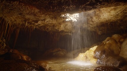 Naklejka premium Subterranean Oasis - A Hidden Caves Waterfall Wonderland
