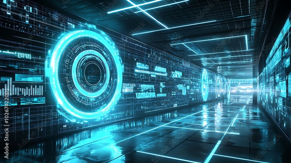 Poster a futuristic physics lab exploring the nature of spacetime with digital simulations and holographic 