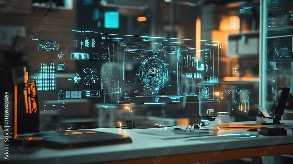 Poster a futuristic physics lab using virtual reality to study the behavior of particles in high-energy col