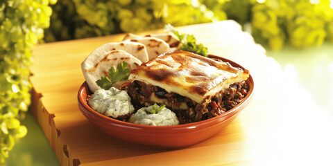 a bowl of food on a table with a plant in the background