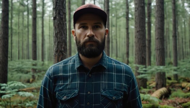 Bearded lumberjack man wearing a plaid shirt and cap stands in a serene forest
